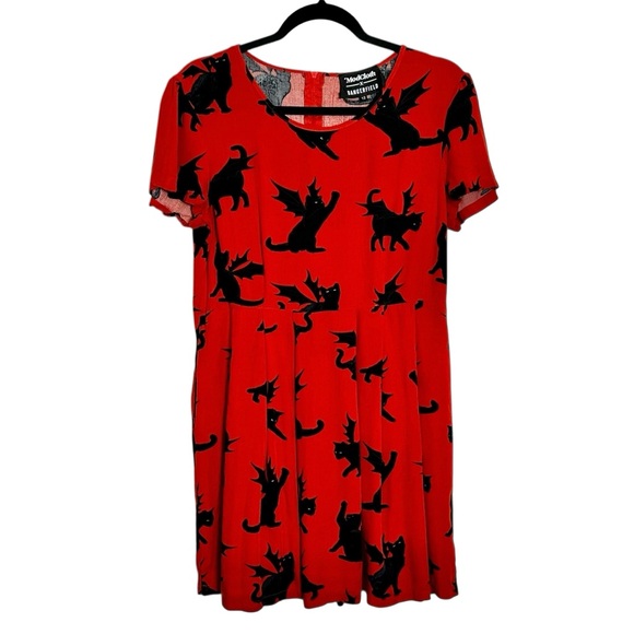 ModCloth x Dangerfield Cat Bat Print Dress Sz 12 | Goth Witchy Halloween Skater - Picture 1 of 8